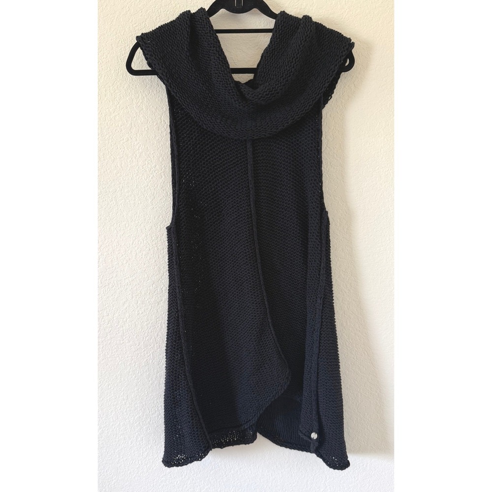 Pure Handknit Black Cowl Neck Hooded Sweater Vest Cotton Blend Womens S/M